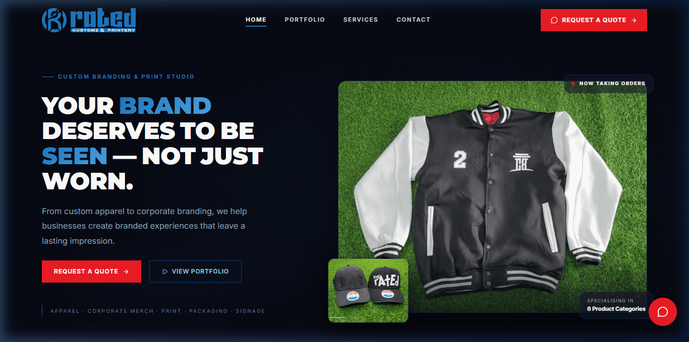 Rated Kustomz & Printery Official Website Interface
